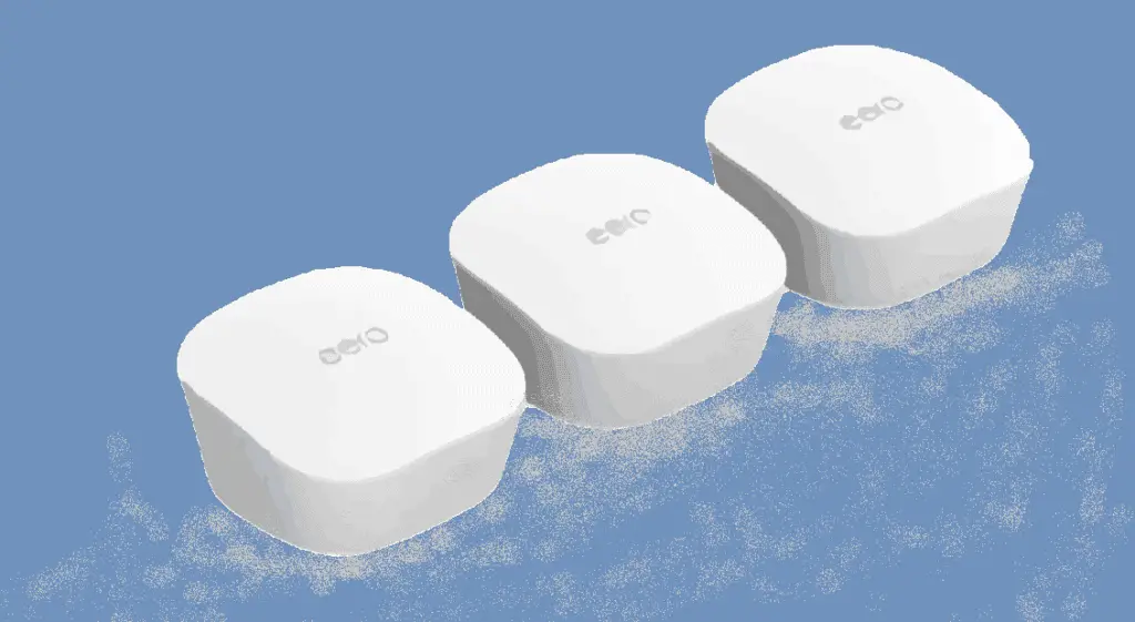 artistic rendering of eero units on a blue and gray background