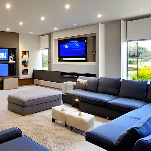 An artistic image of a living room that features couches, side tables, and a TV.