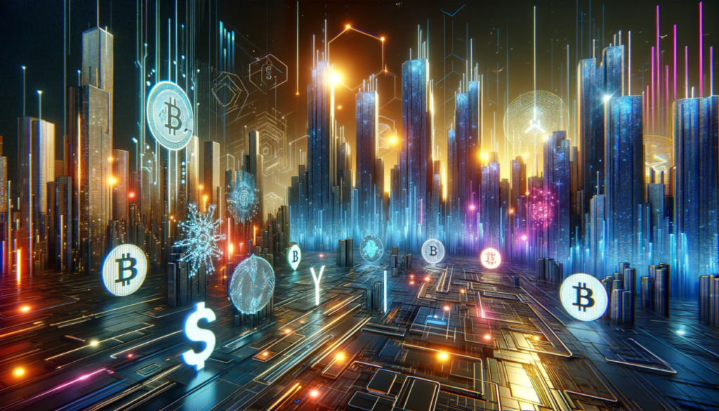 A visually rich scene of the crypto markets, depicted as a network of interconnected digital rivers and streams. The rivers are composed of flowing data and currency icons, surrounded by abstract, geometric landscapes.